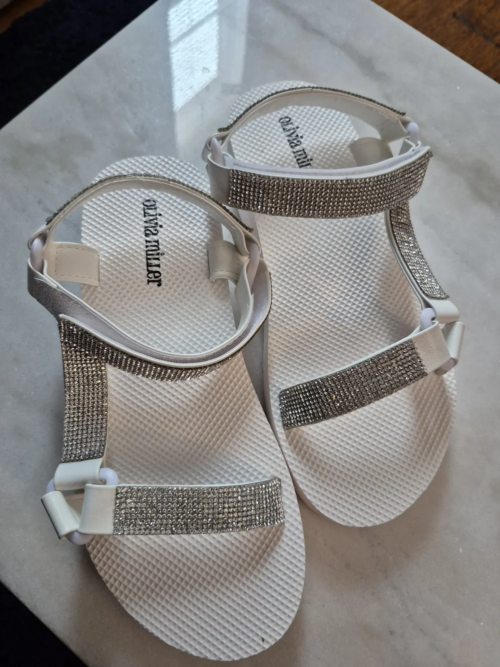 Olivia Miller Women's White Glitter Strap Sandals